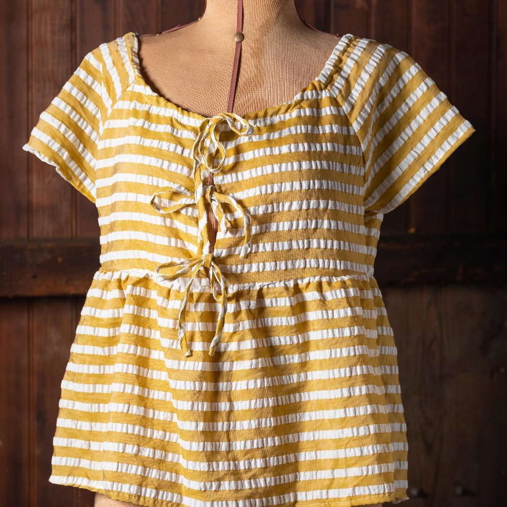 COPY - Yellow and White Striped Tie Front Babydoll Top with Short Sleeves